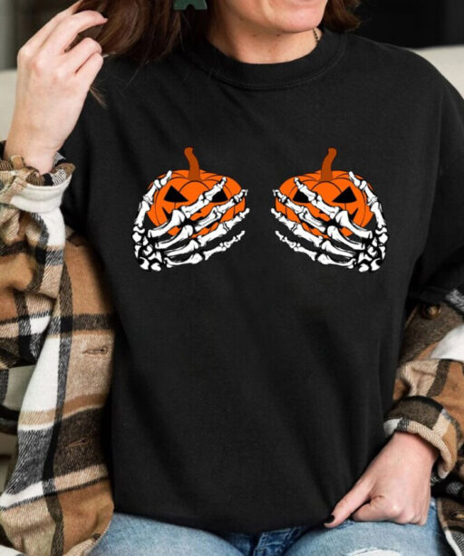 Pumpkin Boobies Shirt, Funny Halloween Shirt, Skeleton Hands Shirt,Halloween Party Shirt, Funny Skeleton Boob Shirt,Thanksgiving Boobies Tee