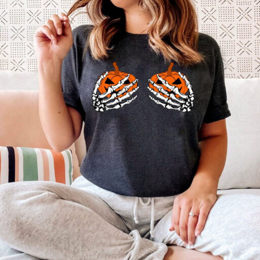 Pumpkin Boobies Shirt, Funny Halloween Shirt, Skeleton Hands Shirt,Halloween Party Shirt, Funny Skeleton Boob Shirt,Thanksgiving Boobies Tee