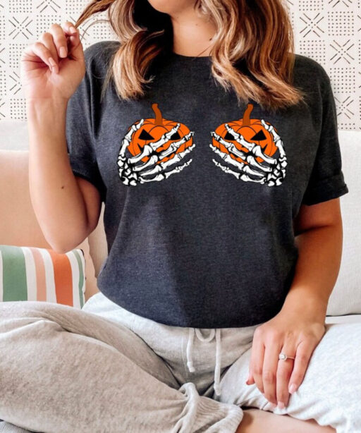 Pumpkin Boobies Shirt, Funny Halloween Shirt, Skeleton Hands Shirt,Halloween Party Shirt, Funny Skeleton Boob Shirt,Thanksgiving Boobies Tee