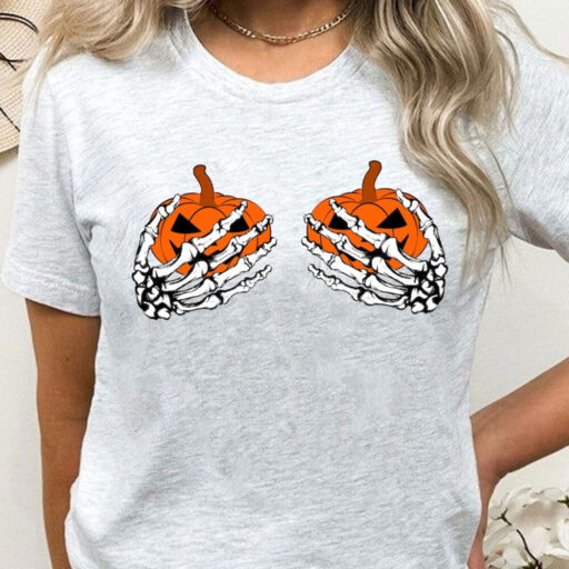 Pumpkin Boobies Shirt, Funny Halloween Shirt, Skeleton Hands Shirt,Halloween Party Shirt, Funny Skeleton Boob Shirt,Thanksgiving Boobies Tee