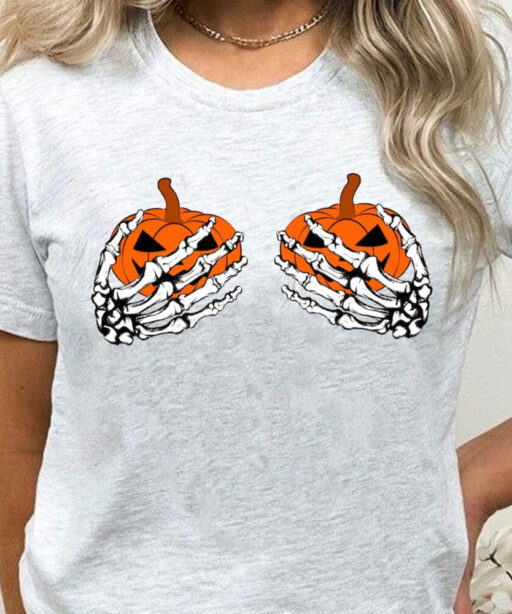 Pumpkin Boobies Shirt, Funny Halloween Shirt, Skeleton Hands Shirt,Halloween Party Shirt, Funny Skeleton Boob Shirt,Thanksgiving Boobies Tee