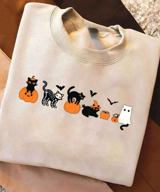 Pumpkin Halloween Sweatshirt, Cat Halloween Shirt, Pumpkin Shirt, Fall Sweatshirt for Women, Black Cat Halloween Shirt, Spooky Season Shirt