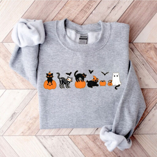 Pumpkin Halloween Sweatshirt, Cat Halloween Shirt, Pumpkin Shirt, Fall Sweatshirt for Women, Black Cat Halloween Shirt, Spooky Season Shirt