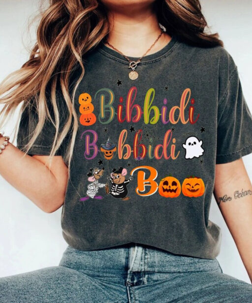 Retro Bibbidi Bobbidi Boo Halloween Shirt, Jaq And Gus Shirt, Halloween Pumpkin Shirt, Disney Cinderella T-shirt, Disney Halloween Shirt