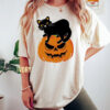 Retro Black Cat on Pumpkin Comfort Colors Shirt, Halloween Black Cat T-shirt, Halloween Party Shirt, Disneyland Halloween Family Trip Tee