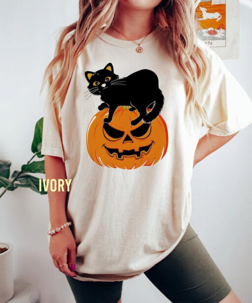 Retro Black Cat on Pumpkin Comfort Colors Shirt, Halloween Black Cat T-shirt, Halloween Party Shirt, Disneyland Halloween Family Trip Tee