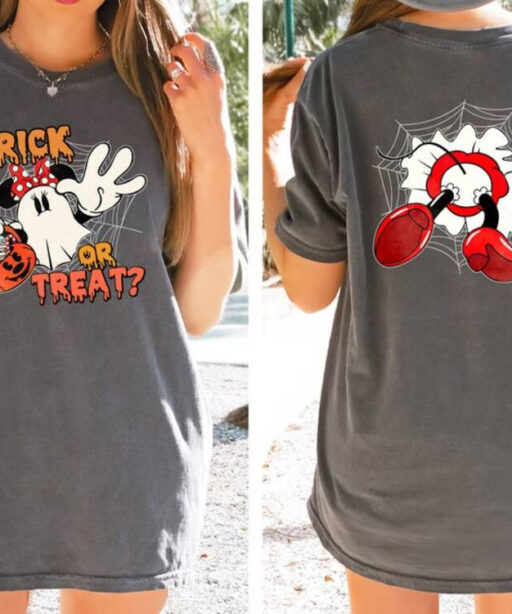 Retro Disney Minnie Mouse Couple Ghost Trick Or Treat Halloween Comfort Color Shirt, Mickey's Not So Scary Party 2023, Disney Family Shirts