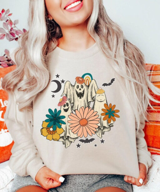 Retro Floral Ghost Sweatshirt, Spooky Season Sweatshirt, Halloween Costume, Cute Halloween Shirt, Trick Or Treat, Women Halloween Sweater