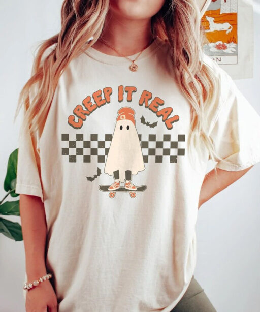 Retro Ghost Halloween Comfort Colors Shirt, Creep It Real T-Shirt, Vintage Spooky Halloween Shirt, Halloween Party Shirt, Trick Or Treat Tee