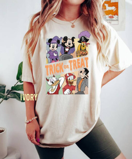 Retro Halloween Disney Mickey Trick or Treat Comfort Color Shirt, Disney Pumpkin Mickey and Friends Unisex T-Shirt, Halloween Party Sweater.