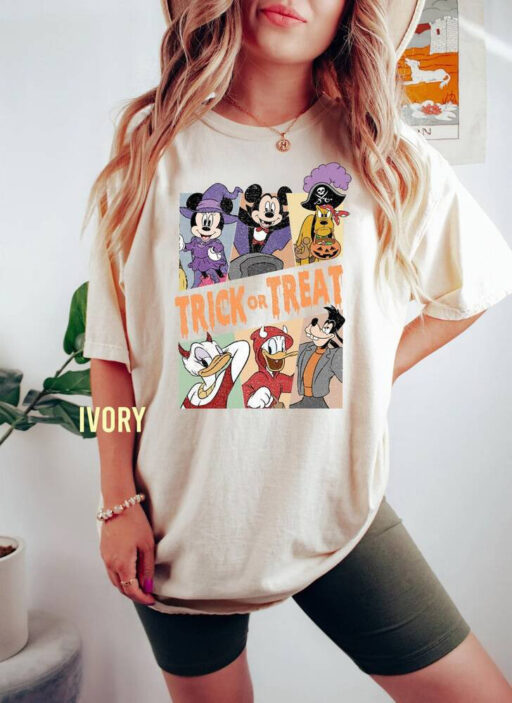 Retro Halloween Disney Mickey Trick or Treat Comfort Color Shirt, Disney Pumpkin Mickey and Friends Unisex T-Shirt, Halloween Party Sweater.