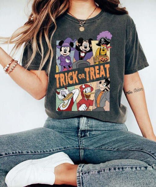 Retro Halloween Disney Mickey Trick or Treat Comfort Color Shirt, Disney Pumpkin Mickey and Friends Unisex T-Shirt, Halloween Party Sweater.