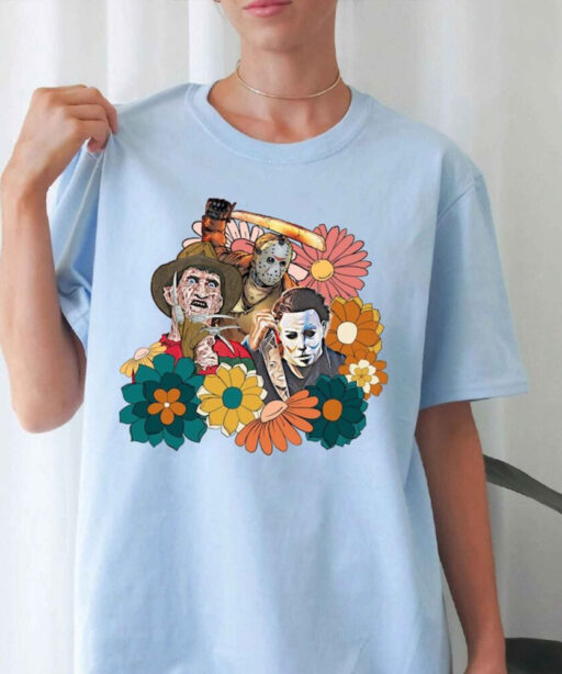 Retro Halloween shirt, Halloween floral T-shirt, Scream, Jason, Michael Myers, Horror movie Floral shirt, Fall Shirt, Halloween Gift Shirt