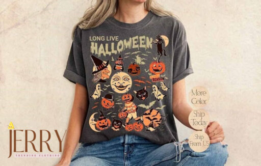 Retro Long Live Halloween Comfort Color Shirt, Vintage Halloween Shirt, Fall Apparel, Spooky Season, Pumpkin Shirt Black Cat