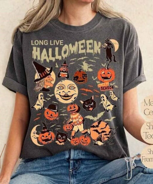 Retro Long Live Halloween Comfort Color Shirt, Vintage Halloween Shirt, Fall Apparel, Spooky Season, Pumpkin Shirt Black Cat