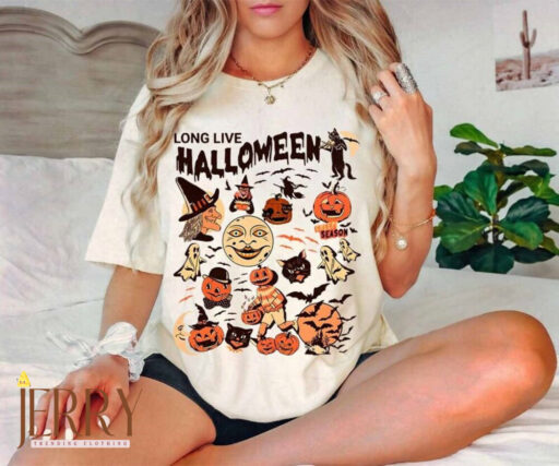 Retro Long Live Halloween Comfort Color Shirt, Vintage Halloween Shirt, Fall Apparel, Spooky Season, Pumpkin Shirt Black Cat