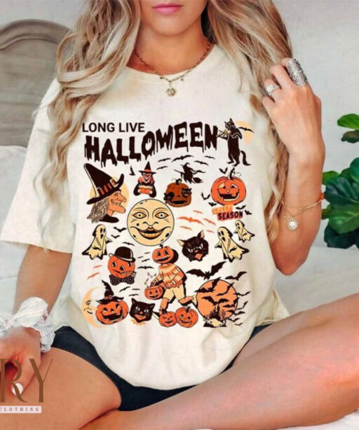 Retro Long Live Halloween Comfort Color Shirt, Vintage Halloween Shirt, Fall Apparel, Spooky Season, Pumpkin Shirt Black Cat