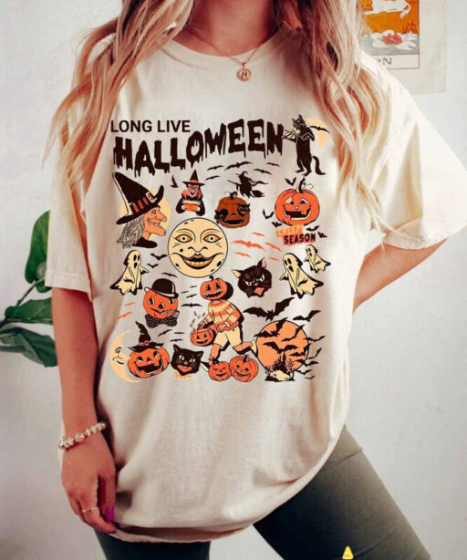 Retro Long Live Halloween Comfort Color Shirt, Vintage Halloween Shirt, Fall Apparel, Spooky Season, Pumpkin Shirt Black Cat