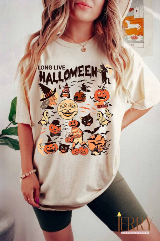 Retro Long Live Halloween Comfort Color Shirt, Vintage Halloween Shirt, Fall Apparel, Spooky Season, Pumpkin Shirt Black Cat