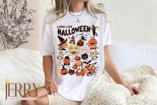 Retro Long Live Halloween Comfort Color Shirt, Vintage Halloween Shirt, Fall Apparel, Spooky Season, Pumpkin Shirt Black Cat