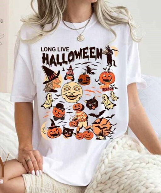 Retro Long Live Halloween Comfort Color Shirt, Vintage Halloween Shirt, Fall Apparel, Spooky Season, Pumpkin Shirt Black Cat