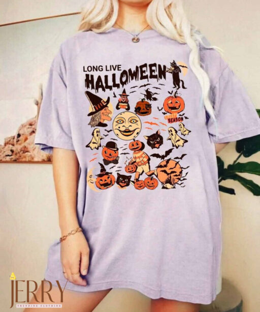 Retro Long Live Halloween Comfort Color Shirt, Vintage Halloween Shirt, Fall Apparel, Spooky Season, Pumpkin Shirt Black Cat