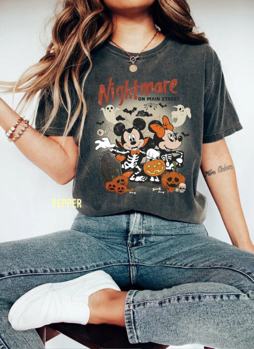 Retro Mickey Minnie Halloween Comfort Color Shirt, Nightmare On The Main Street Unisex T-Shirt, Halloween Party Tee, Disney Pumpkin Sweater