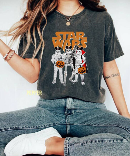 Retro Star Wars Stormtrooper Skeleton Mickey Ears Halloween Comfort Color Shirt, Funny Star Wars Halloween Shirt, Disney Halloween Party Tee