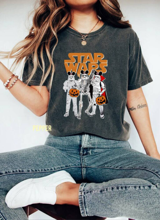 Retro Star Wars Stormtrooper Skeleton Mickey Ears Halloween Comfort Color Shirt, Funny Star Wars Halloween Shirt, Disney Halloween Party Tee