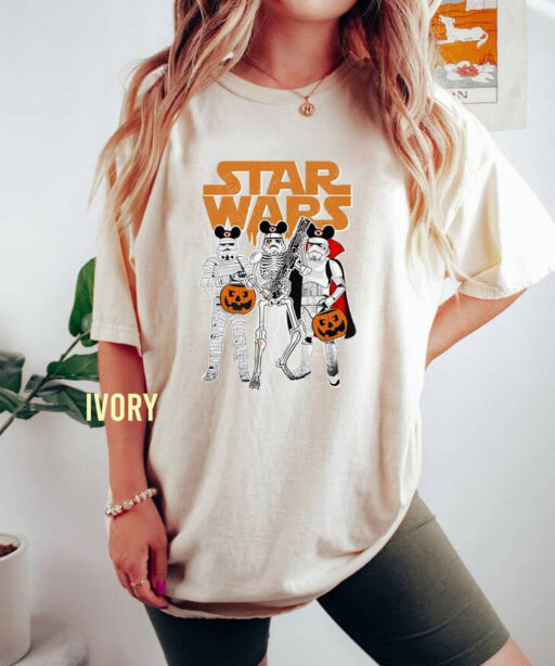 Retro Star Wars Stormtrooper Skeleton Mickey Ears Halloween Comfort Color Shirt, Funny Star Wars Halloween Shirt, Disney Halloween Party Tee