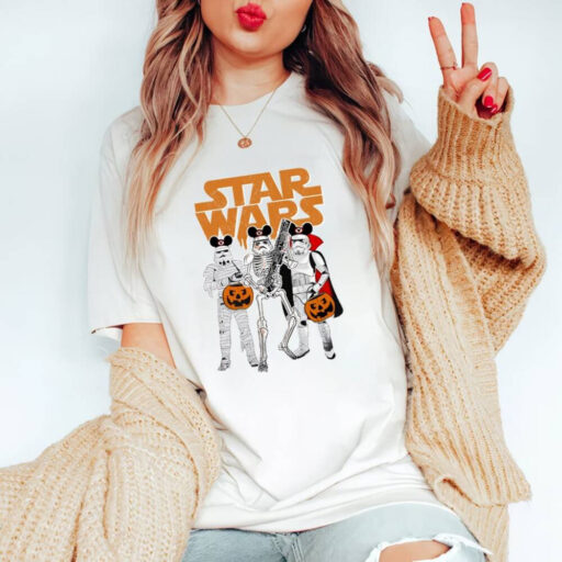 Retro Star Wars Stormtrooper Skeleton Mickey Ears Halloween Comfort Color Shirt, Funny Star Wars Halloween Shirt, Disney Halloween Party Tee