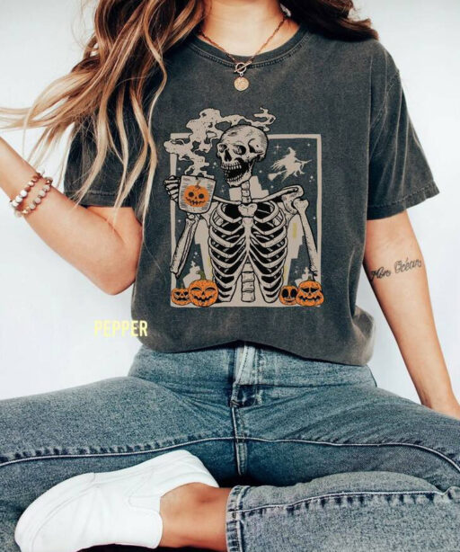 Skeleton Coffee Comfort Color Shirt, Staying Alive Trendy Coffee Sweater, Funny Skeleton, Coffee Lovers, Vintage T shirt, Disney Halloween