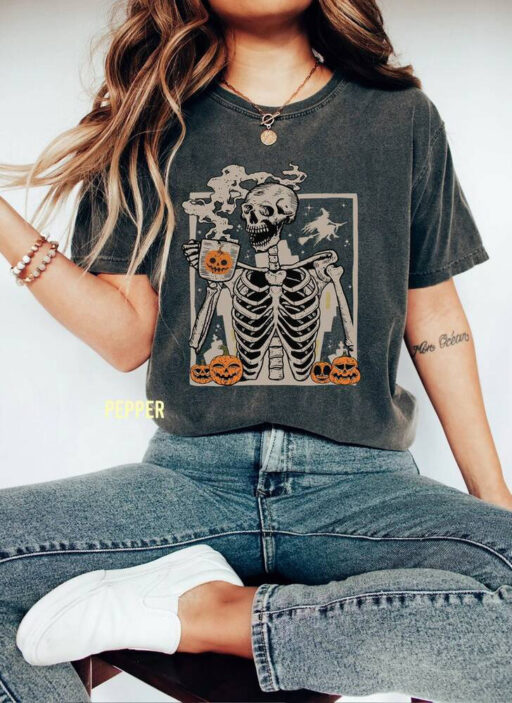 Skeleton Coffee Comfort Color Shirt, Staying Alive Trendy Coffee Sweater, Funny Skeleton, Coffee Lovers, Vintage T shirt, Disney Halloween