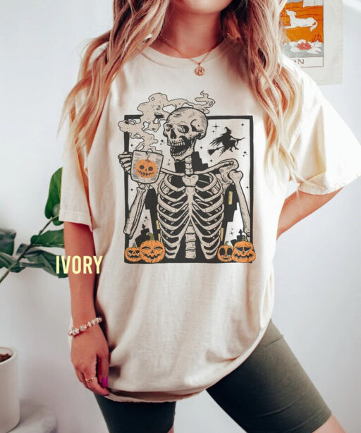 Skeleton Coffee Comfort Color Shirt, Staying Alive Trendy Coffee Sweater, Funny Skeleton, Coffee Lovers, Vintage T shirt, Disney Halloween