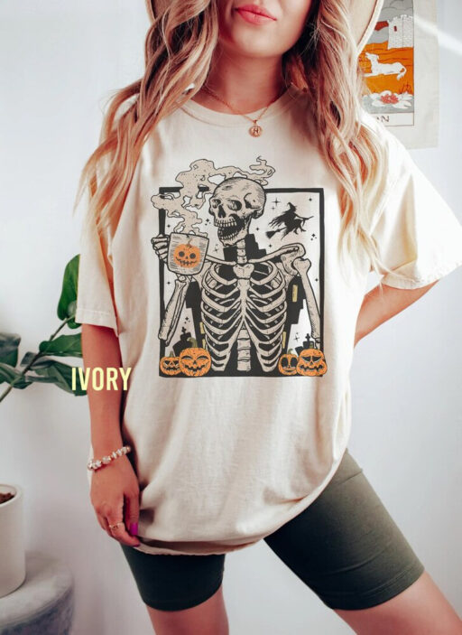 Skeleton Coffee Comfort Color Shirt, Staying Alive Trendy Coffee Sweater, Funny Skeleton, Coffee Lovers, Vintage T shirt, Disney Halloween