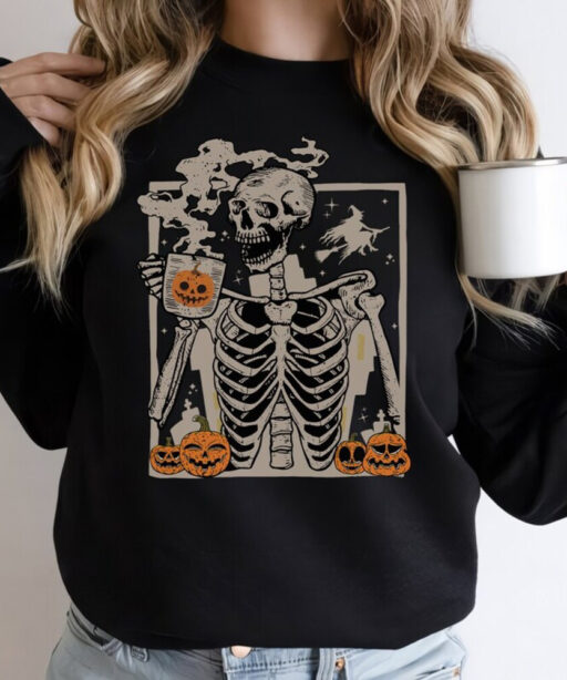 Skeleton Coffee Comfort Color Shirt, Staying Alive Trendy Coffee Sweater, Funny Skeleton, Coffee Lovers, Vintage T shirt, Disney Halloween