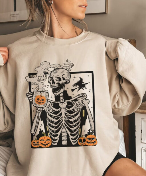 Skeleton Coffee Comfort Color Shirt, Staying Alive Trendy Coffee Sweater, Funny Skeleton, Coffee Lovers, Vintage T shirt, Disney Halloween