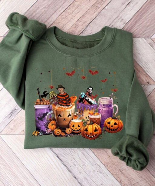 Skeleton Coffee Cups Sweatshirt, Horror Movie Character Coffee Cups Shirt, Skull Coffee Cup Shirt, Horror Character Shirt, Fall Sweatshirt
