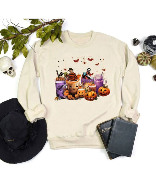 Skeleton Coffee Cups Sweatshirt, Horror Movie Character Coffee Cups Shirt, Skull Coffee Cup Shirt, Horror Character Shirt, Fall Sweatshirt