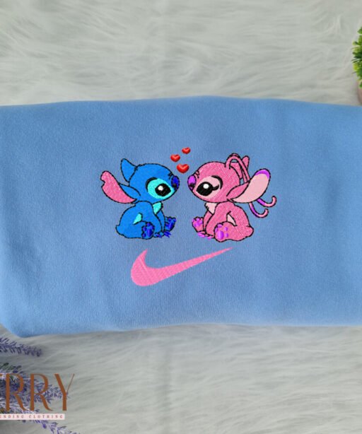 Stitch and Angel In Love Disney Nike Embroidered Sweatshirt