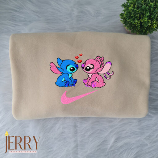 Stitch and Angel In Love Disney Nike Embroidered Sweatshirt