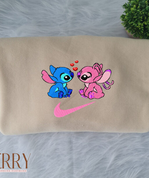 Stitch and Angel In Love Disney Nike Embroidered Sweatshirt