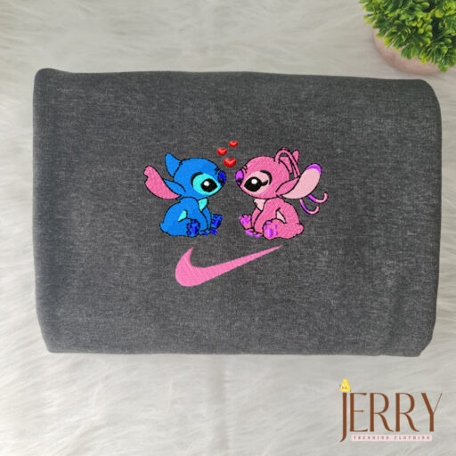 Stitch and Angel In Love Disney Nike Embroidered Sweatshirt