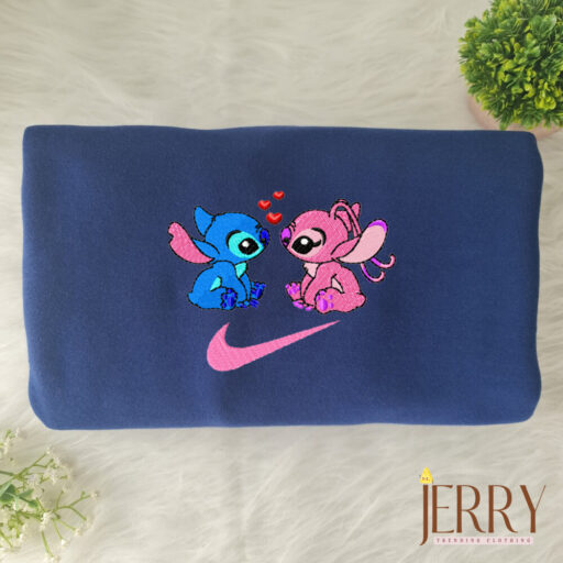 Stitch and Angel In Love Disney Nike Embroidered Sweatshirt