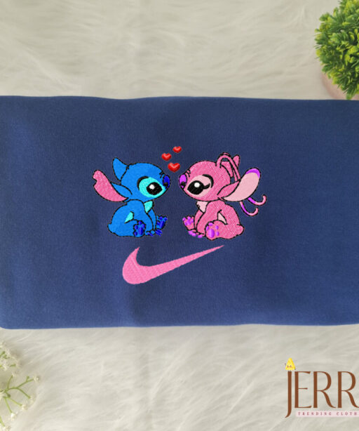 Stitch and Angel In Love Disney Nike Embroidered Sweatshirt