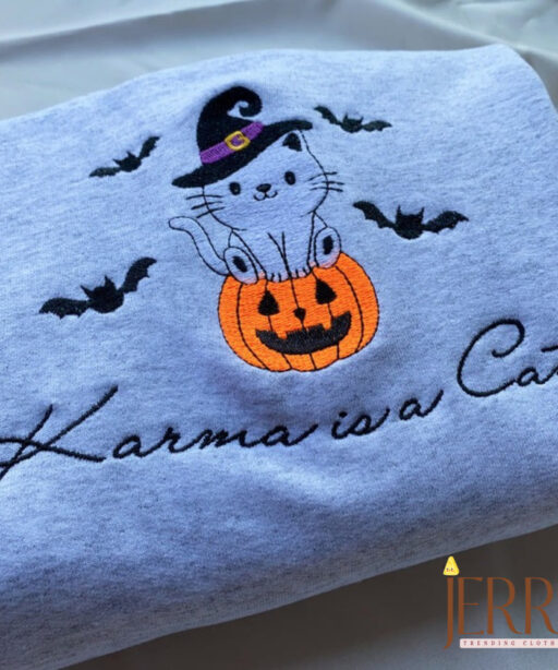 Taylor Swift Karma is a Cat Embroidered Halloween Sweatshirt