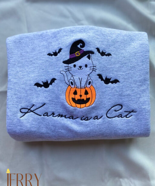 Taylor Swift Karma is a Cat Embroidered Halloween Sweatshirt