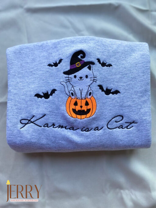 Taylor Swift Karma is a Cat Embroidered Halloween Sweatshirt
