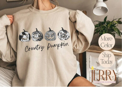 Vintage Country Pumpkin Shirt, Cowboy Pumpkin Sweatshirt, Pumpkin Sweater, Jack-o-Lantern Sweatshirt, Halloween Crewneck Sweatshirt