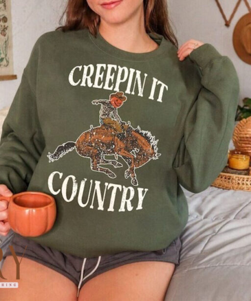 Vintage Creepin' It Pumpkin Skull Sweatshirt, Country Halloween Vibes, Halloween Pumpkin Women Sweatshirt, Western Halloween Sweatshirt